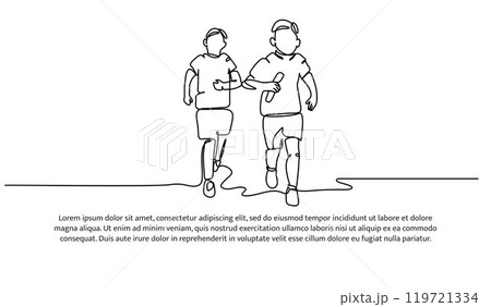 Continuous line design of the boys are running a marathon together. Single line decorative elements drawn on a white background. 119721334