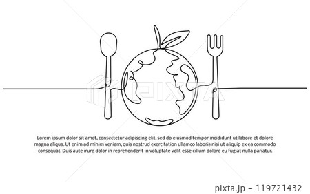 Continuous one line design of healthy eating worldwide.Minimalist style vector illustration on white background. Continuous one line design of healthy eating worldwide.Minimalist style vector illustration on white background. 119721432