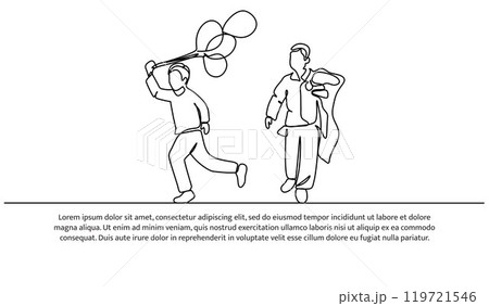 Continuous one line design of little boy works hard.Minimalist style vector illustration on white background. 119721546