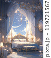 Bedroom in indigo tones There is a bed decorated with flowers and candlelight that gives a warm feeling. 119721567