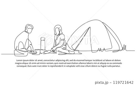 Continuous one line design of camping with your partner.Minimalist style vector illustration on white background. 119721642