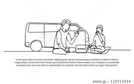 Continuous one line design of picnic with brother.Minimalist style vector illustration on white background. Continuous one line design of picnic with brother.Minimalist style vector illustration on white background. 119721654