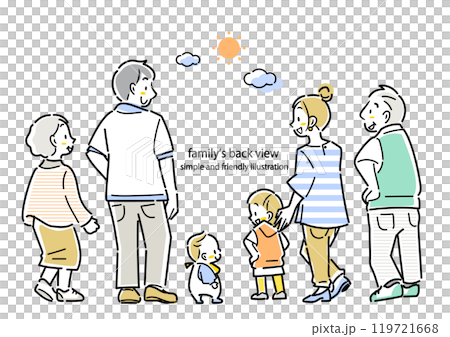 幸福三代家庭的背影 — 色彩繽紛、時尚的線條畫插圖 幸福三代家庭的背影 — 色彩繽紛、時尚的線條畫插圖 119721668