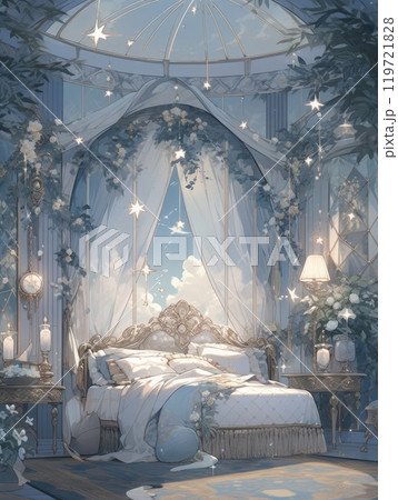 The bedroom has a luxurious bed placed. Covered with stars and flowers The bedroom has a luxurious bed placed. Covered with stars and flowers 119721828
