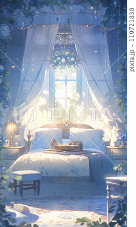 Bedroom decorated with flowers There was a simple bed next to the window. at dawn 119721830