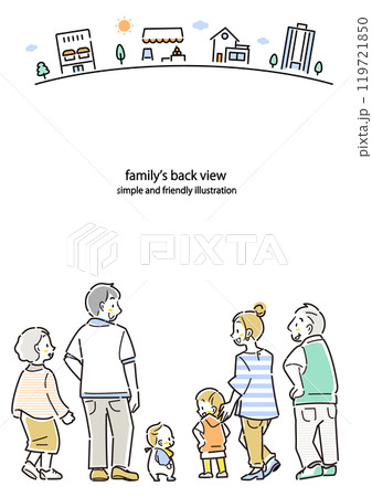 幸せな三世代ファミリーの後ろ姿　カラフルでお洒落な線画イラスト 119721850
