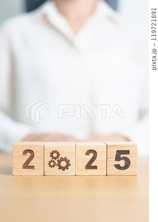 2024 year change to 2025 year block with gear icon. Business Process, Team, teamwork, Goal, Target, Resolution, strategy, plan, Action, motivation, change, brainstorm and New Year start concepts 119721891