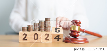 2024 end year to Happy New Year 2025 with judge gavel and money coins stack on desk. Law cost, lawyer, judgment, justice auction and bidding concepts 119721941