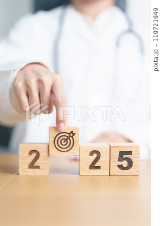 2025 year block with dartboard icon again doctor. Goal, Target, Resolution, strategy, plan, Action, mission, motivation, Health, Healthcare, medical and wellness concept 2025 year block with dartboard icon again doctor. Goal, Target, Resolution, strategy, plan, Action, mission, motivation, Health, Healthcare, medical and wellness concept 119721949