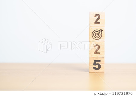 2025 year block with dartboard icon. Goal, Target, Resolution, strategy, plan, Action, mission, motivation, and New Year start concepts 119721970