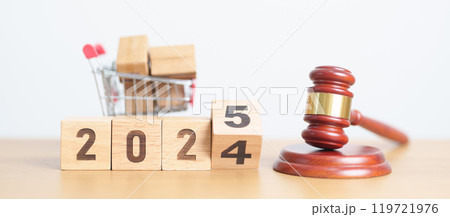 2024 end year to Happy New Year 2025 with Judge gavel and shopping cart. auction and bidding, Trade Regulations, Consumer protection Law, online shopping, E commerce, digital tax and judgment concept 2024 end year to Happy New Year 2025 with Judge gavel and shopping cart. auction and bidding, Trade Regulations, Consumer protection Law, online shopping, E commerce, digital tax and judgment concept 119721976