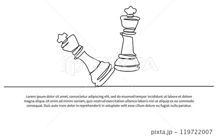 Continuous one line design of king in chess.Minimalist style vector illustration on white background. Continuous one line design of king in chess.Minimalist style vector illustration on white background. 119722007
