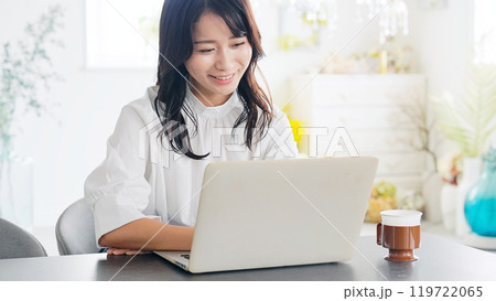 おしゃれな部屋でノートパソコンを使う女性 おしゃれな部屋でノートパソコンを使う女性 119722065