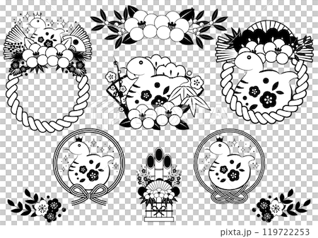 巳年年賀状アイコンセット、モノクロ蛇、かわいい、しめ飾り、イラスト 119722253
