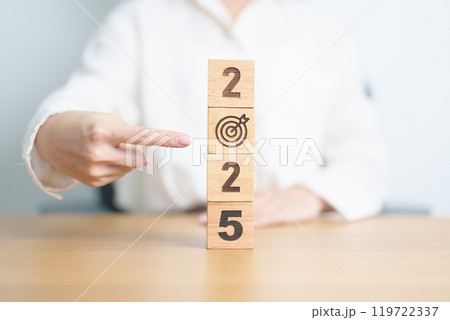 2025 year block with dartboard icon. Goal, Target, Resolution, strategy, plan, Action, mission, motivation, and New Year start concepts 119722337