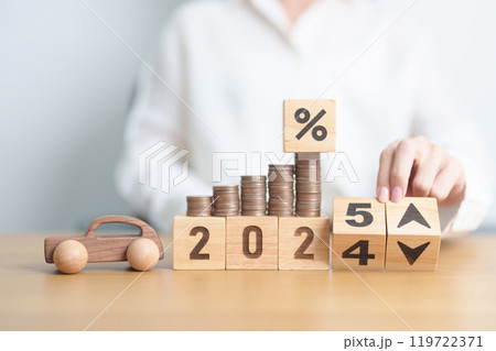 2024 to 2025 New Year with percentage change to UP and Down arrow, car model and coin stack. Car loan, Interest rate, Insurance, Financial, vehicle Repair, Automobile Tax, mortgage and Maintenance 119722371