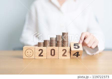 2024 end year to Happy New Year 2025 with Coins stack and Smile icon. goal, Money, Budget, investment, financial, savings, New Year Resolution, Satisfaction, feedback, Review and good year concept 2024 end year to Happy New Year 2025 with Coins stack and Smile icon. goal, Money, Budget, investment, financial, savings, New Year Resolution, Satisfaction, feedback, Review and good year concept 119722373
