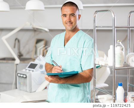 Portrait shot of male doctor holding clipboard in hand while standing in medical esthetic clinic 119722425