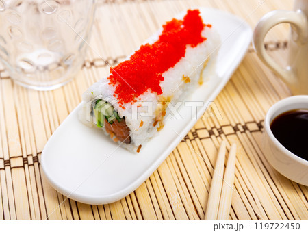 Set of japanese tobiko roll with salmon, avocado, pepino, tobiko Set of japanese tobiko roll with salmon, avocado, pepino, tobiko 119722450