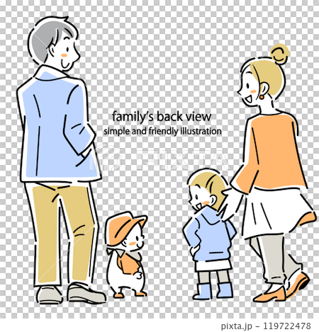 若い家族の後ろ姿　四人　カラフルでお洒落な線画イラスト 119722478
