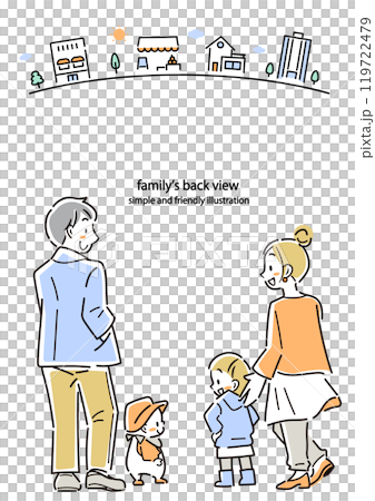 Back view of a young family, four people, colorful and stylish line drawing illustration Back view of a young family, four people, colorful and stylish line drawing illustration 119722479