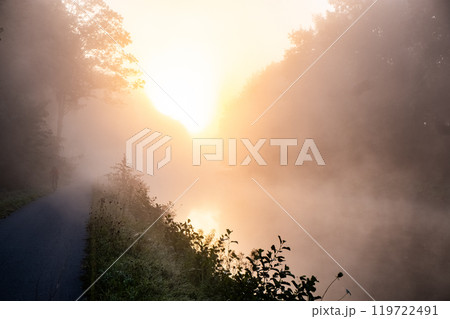 The Serene Morning Light Casts a Beautiful Glow Over the Misty River Pathway Ahead The Serene Morning Light Casts a Beautiful Glow Over the Misty River Pathway Ahead 119722491