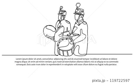 Continuous one line design of drummer band.Minimalist style vector illustration on white background. 119722597