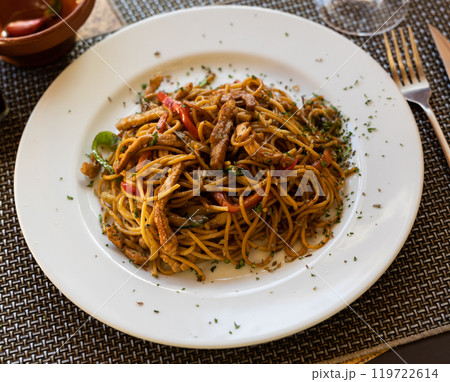 Chinese stir-fried noodles with beef, vegetables, sauce Chinese stir-fried noodles with beef, vegetables, sauce 119722614