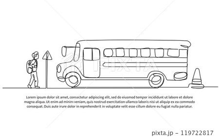 Continuous one line design of school pick-up bus. Minimalist style vector illustration on white background. 119722817