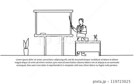 Continuous one line design of the teacher is giving an explanation. Minimalist style vector illustration on white background. Continuous one line design of the teacher is giving an explanation. Minimalist style vector illustration on white background. 119723025
