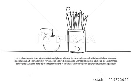 Continuous one line design of stationery items. Minimalist style vector illustration on white background. 119723032