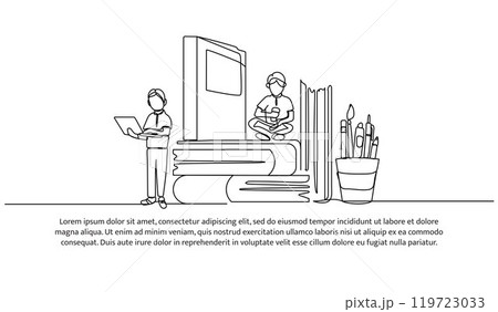 Continuous one line design of People study in public library. Minimalist style vector illustration on white background. 119723033