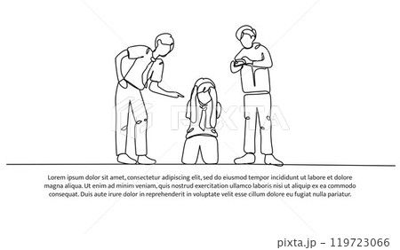 Continuous one line design of bullying for social media photos. Minimalist style vector illustration on white background. Continuous one line design of bullying for social media photos. Minimalist style vector illustration on white background. 119723066