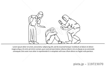 Continuous one line design of bullying for social media photos. Minimalist style vector illustration on white background. 119723070