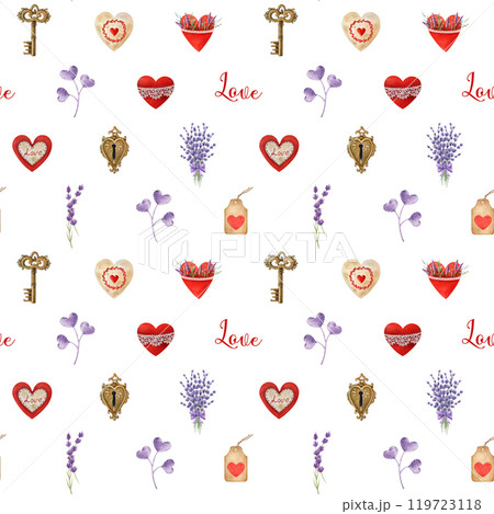 Valentines Day seamless pattern decoration element with hearts, cute elements, lavender flowers and vintage accents. Perfect for romantic, retro-inspired designs, stationery decor. White background Valentines Day seamless pattern decoration element with hearts, cute elements, lavender flowers and vintage accents. Perfect for romantic, retro-inspired designs, stationery decor. White background 119723118