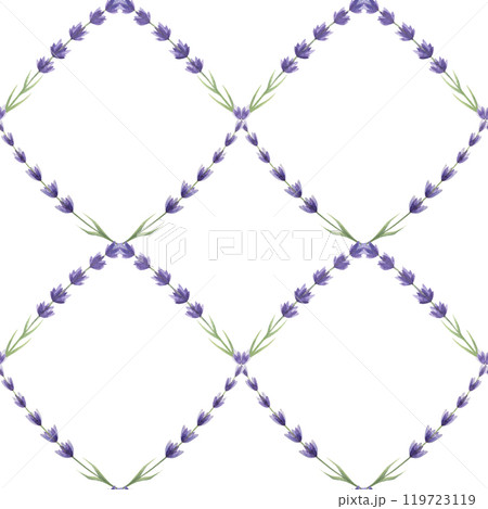 Lavender flower element decor seamless pattern. Watercolor vintage style illustration. Hand drawn organic lavandula herb elegant decoration. Lavender flowers seamless pattern on white background Lavender flower element decor seamless pattern. Watercolor vintage style illustration. Hand drawn organic lavandula herb elegant decoration. Lavender flowers seamless pattern on white background 119723119