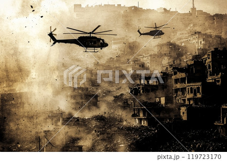 瓦礫の街を飛ぶ軍用ヘリコプター 瓦礫の街を飛ぶ軍用ヘリコプター 119723170