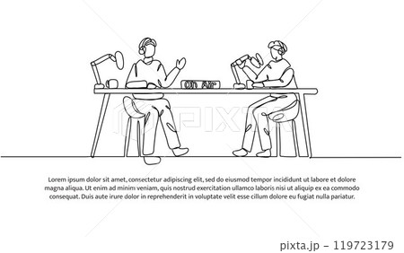 Continuous one line design of two young man podcast. Minimalist style vector illustration on white background. Continuous one line design of two young man podcast. Minimalist style vector illustration on white background. 119723179