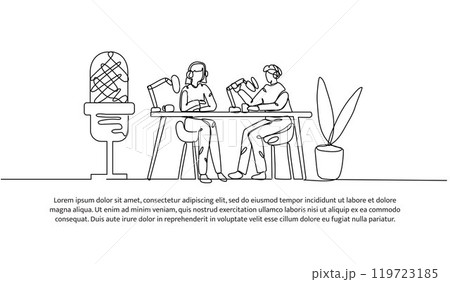 Continuous one line design of a young man and woman podcast. Minimalist style vector illustration on white background. 119723185
