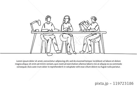 Continuous one line design of podcast with a couple. Minimalist style vector illustration on white background. Continuous one line design of podcast with a couple. Minimalist style vector illustration on white background. 119723186