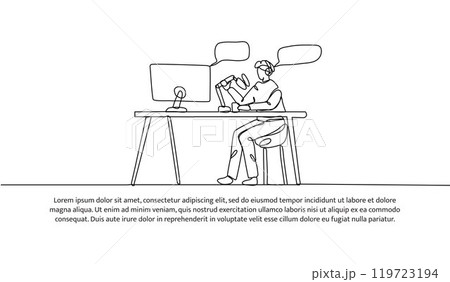 Continuous one line design of a young man is doing a podcast. Minimalist style vector illustration on white background. Continuous one line design of a young man is doing a podcast. Minimalist style vector illustration on white background. 119723194