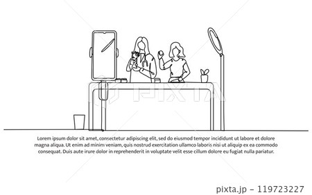 Continuous line design of two doctor woman review a cosmetic product. Single line decorative element drawn on white background. Continuous line design of two doctor woman review a cosmetic product. Single line decorative element drawn on white background. 119723227