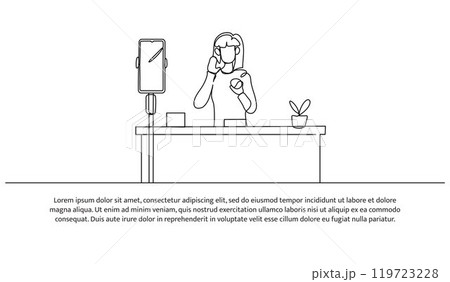 Continuous line design of a female blogger is reviewing cosmetic products. Single line decorative element drawn on white background. Continuous line design of a female blogger is reviewing cosmetic products. Single line decorative element drawn on white background. 119723228