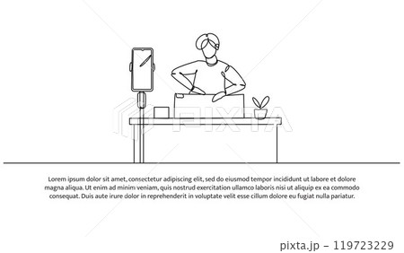 Continuous line design of a male blogger is reviewing a product. Single line decorative element drawn on white background. 119723229
