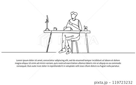 Continuous line design of a male blogger is reviewing a product. Single line decorative element drawn on white background. Continuous line design of a male blogger is reviewing a product. Single line decorative element drawn on white background. 119723232