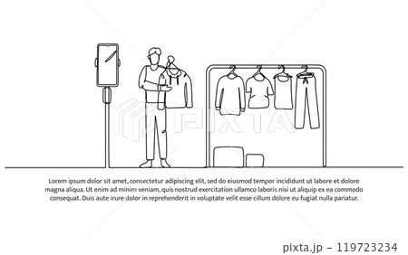 Continuous line design of a man is review a product fashion. Single line decorative element drawn on white background. Continuous line design of a man is review a product fashion. Single line decorative element drawn on white background. 119723234