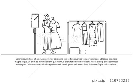 Continuous line design of a woman is review a product fashion. Single line decorative element drawn on white background. 119723235