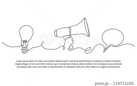 Continuous one line design of conveying ideas via megaphone and chat. Minimalist style vector illustration on white background. 119723288