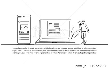 Continuous one line design of social media information. Minimalist style vector illustration on white background. Continuous one line design of social media information. Minimalist style vector illustration on white background. 119723364