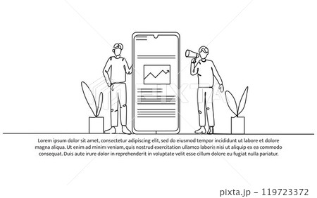 Continuous one line design of two men are doing a promotion. Minimalist style vector illustration on white background. Continuous one line design of two men are doing a promotion. Minimalist style vector illustration on white background. 119723372